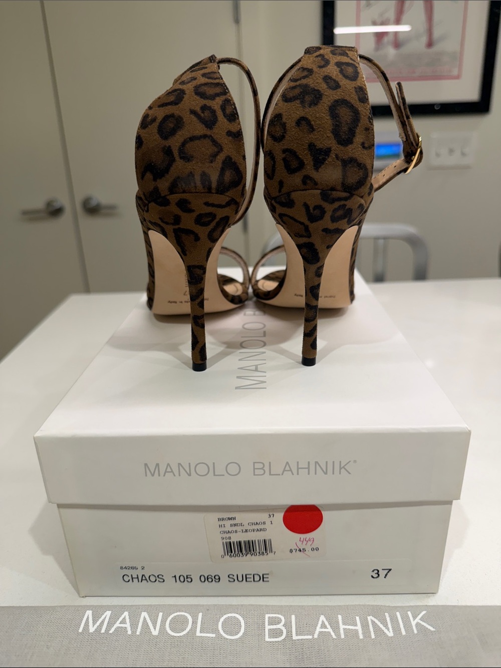 Manolo Blahnik NWT Chaos 105 Leopard Suede Ankle Strap Heels Size 37 - Picture 2 of 8